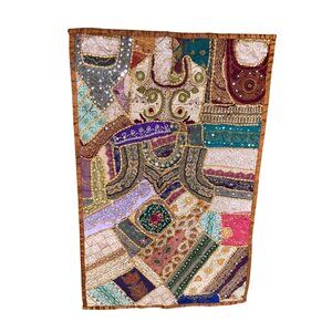 Old Handmade Indian Embroidery Tapestry Wall Hanging Crazy Quilt